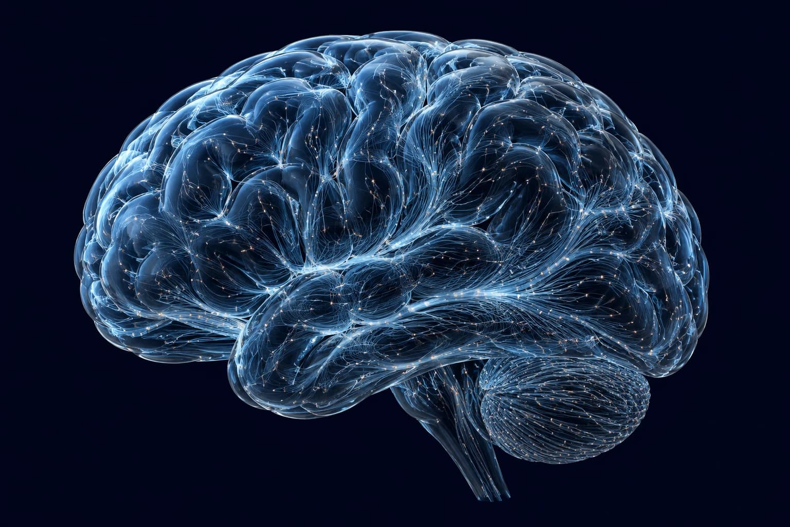 A translucent anatomical brain with luminous connected fibers, sculpted cortical folds, cerebellum, and brainstem.